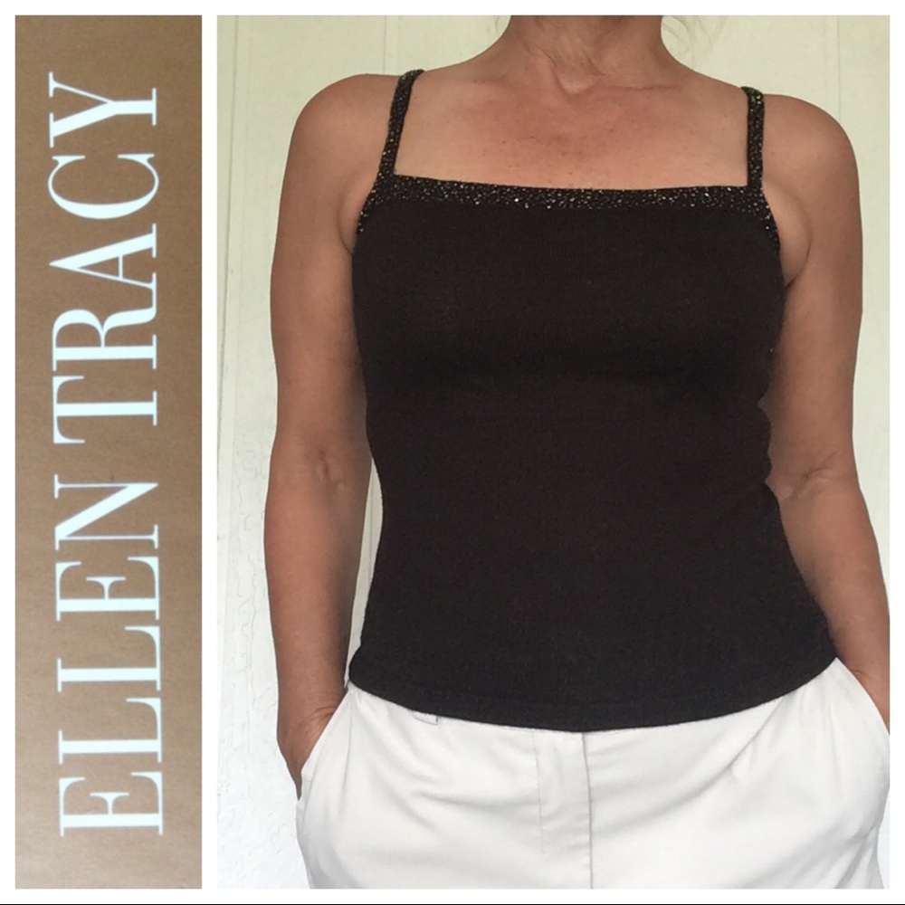 LINDA ALLARD ELLEN TRACY SILK WOOL BEADED TRIM SWEATER SHELL SMALL